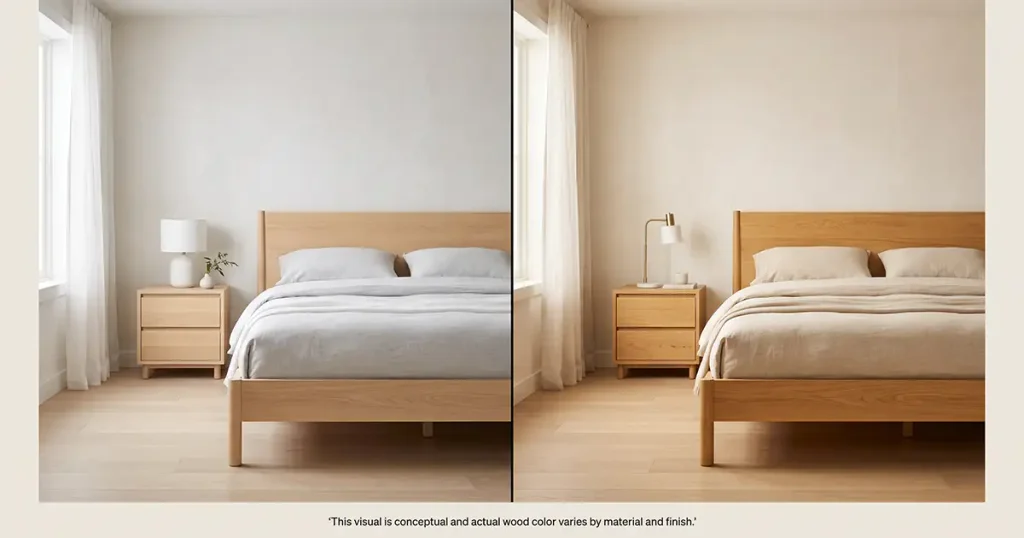 Japandi bedroom furniture showing lighter Sungkai and warmer Mindi wood tone directions