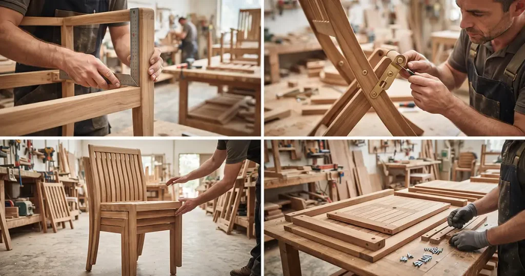 Furniture quality inspection of teak joints, folding hinges, stackable chairs, and knock-down fittings.