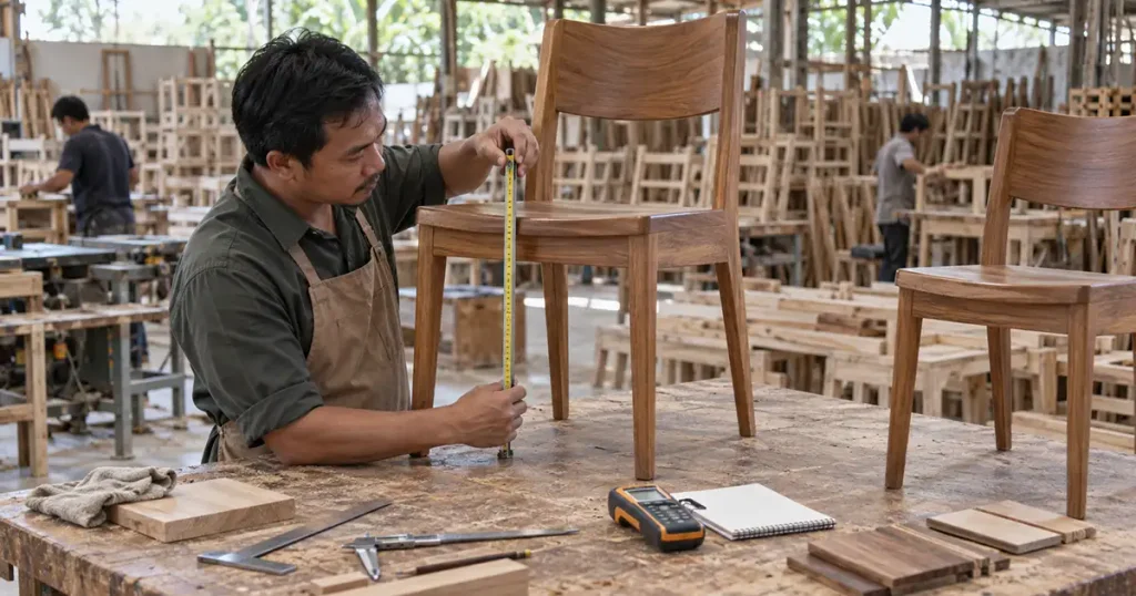 Furniture manufacturing quality control inspection of wooden furniture dimensions, construction, and finishing before export packing.