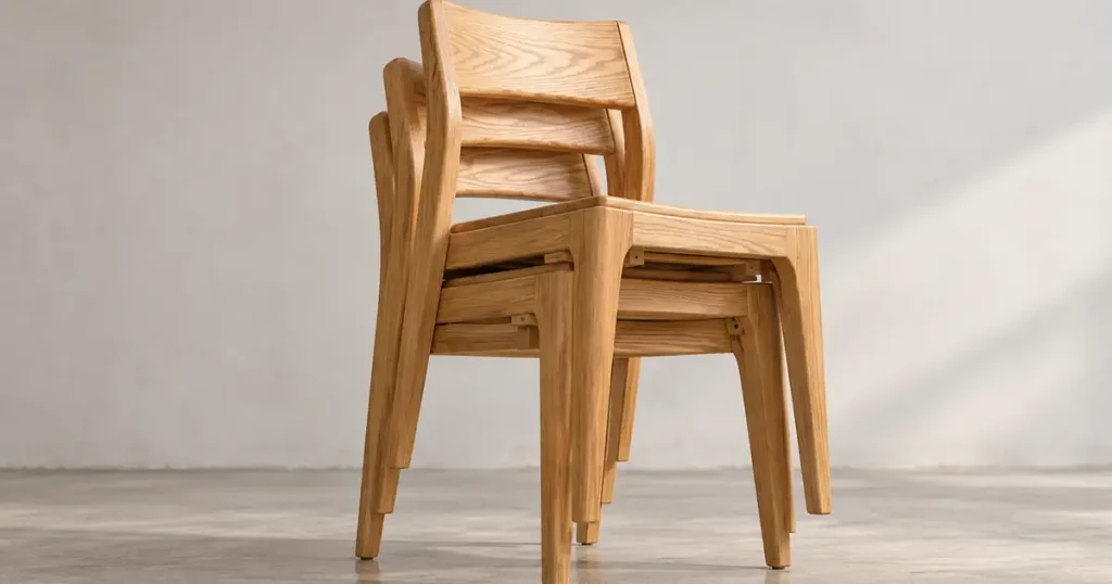 Stackable teak chairs showing under-seat support positioning and clearance between chair frames.