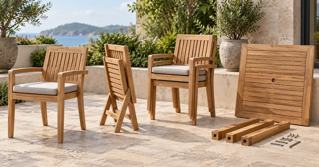 Fixed, folding, stackable, and knock-down teak garden furniture construction options.