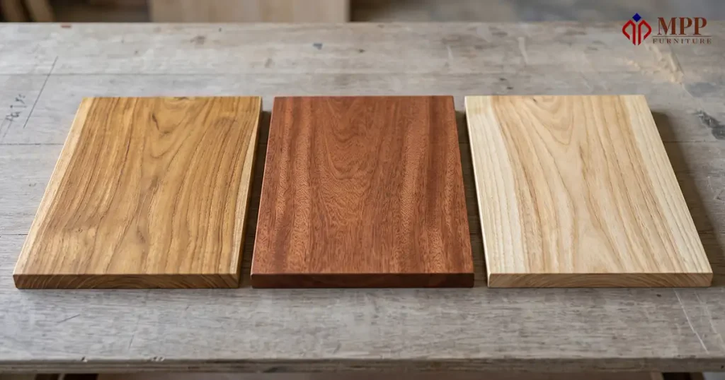 Wood furniture manufacturer comparing teak, mahogany, and sungkai finish samples under consistent lighting.