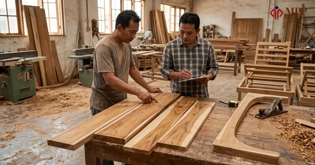 Teak poolside furniture material selection showing teak grading, sapwood control, and component cutting