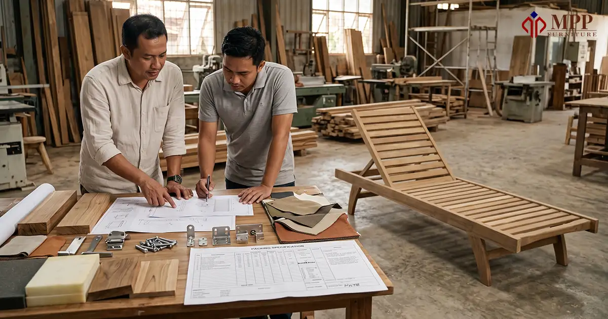 Teak poolside furniture specification review with drawings, material samples, hardware, and finish references.