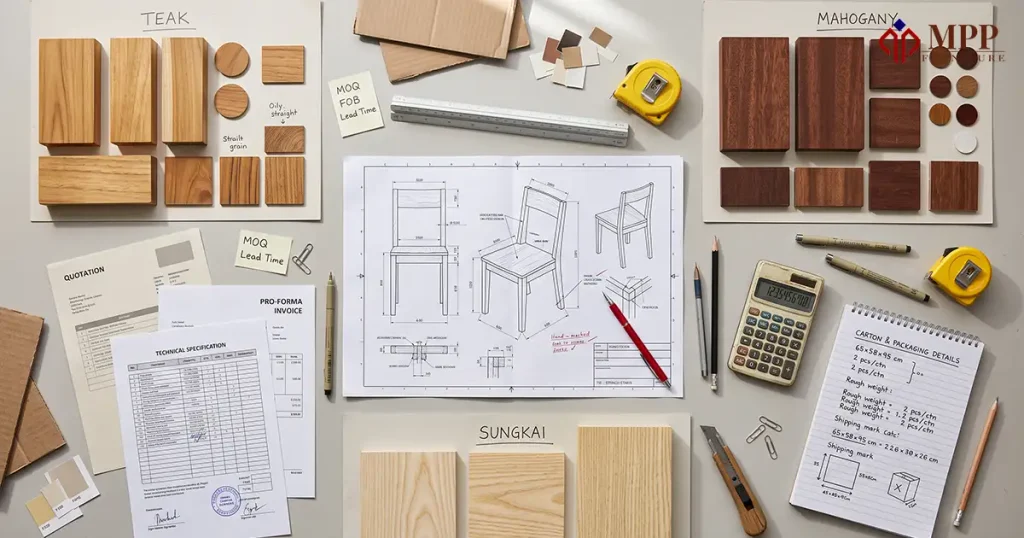 Wood furniture manufacturer comparing teak, mahogany, and sungkai costs per SKU using matched quotations.