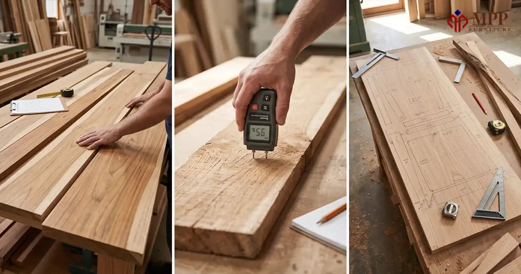 Solid wood furniture material checks for grade, moisture content, and cutting yield during furniture manufacturing.