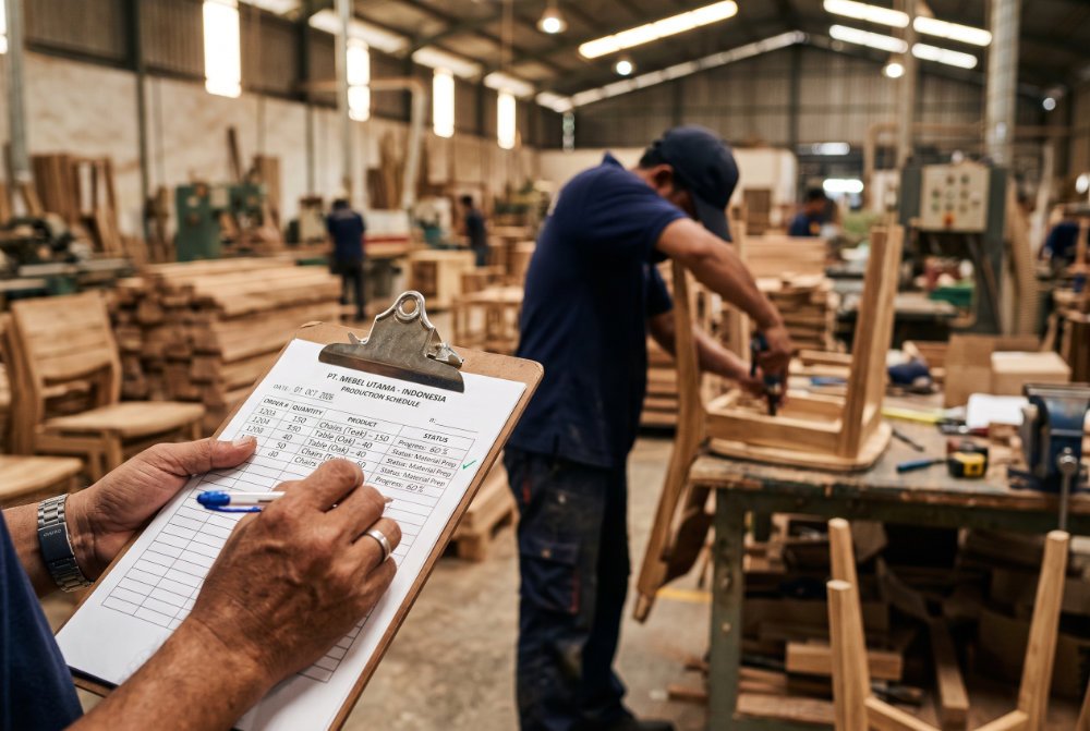 Hands holding production documents with a blurred furniture assembly line in the background