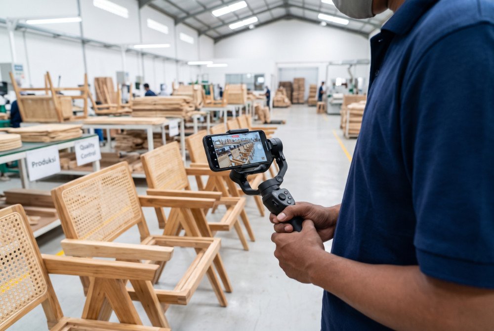A factory worker conducting a live virtual video tour showing half-finished wooden furniture