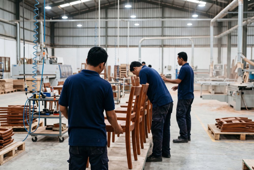Indonesian factory workers in navy polo shirts inspecting mahogany dining chairs in a production facility