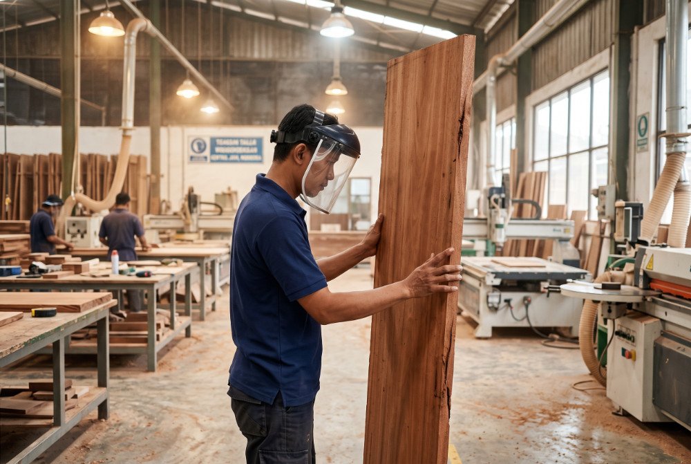 Indonesian furniture manufacturer worker inspecting mahogany wood for retail production