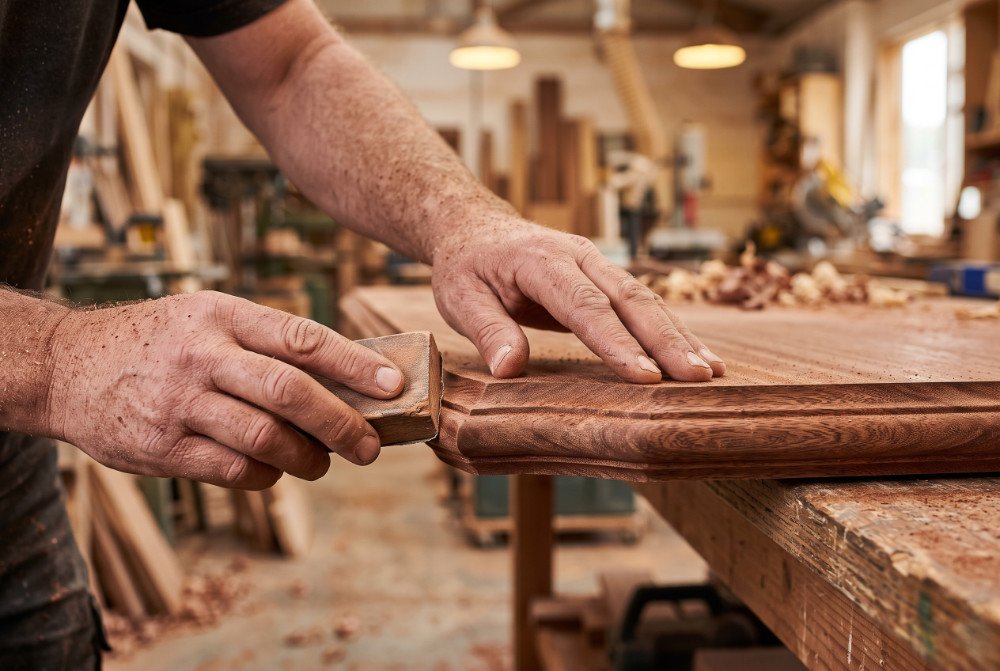 Close-up of craftsman hands working on a solid mahogany table edge