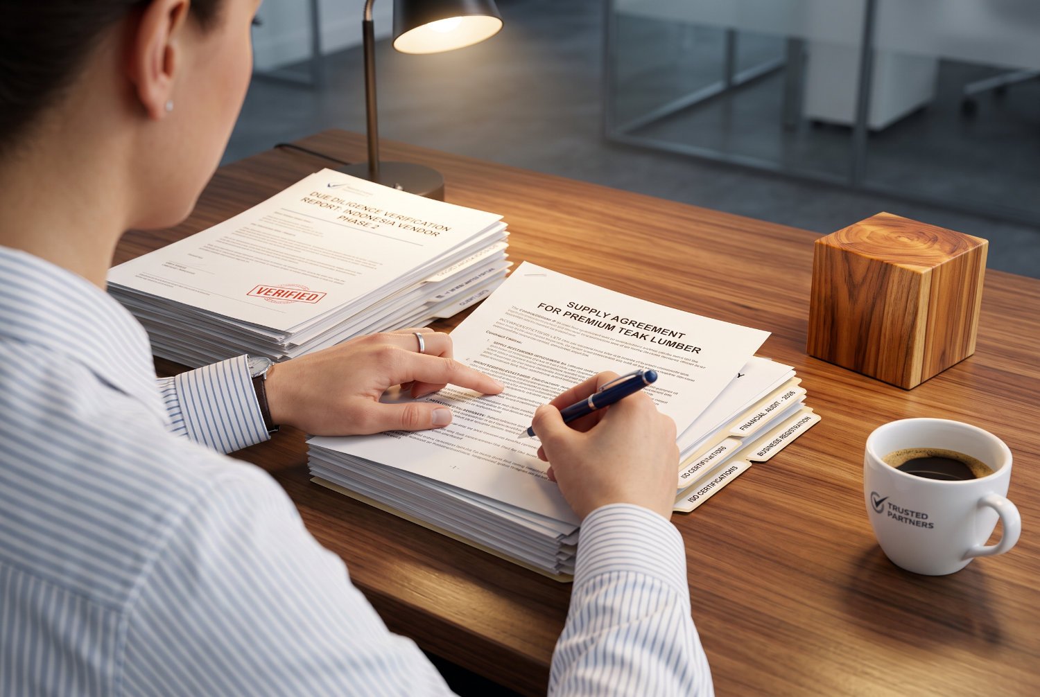 Procurement manager reviewing manufacturer verification documents and wood samples before placing a furniture order