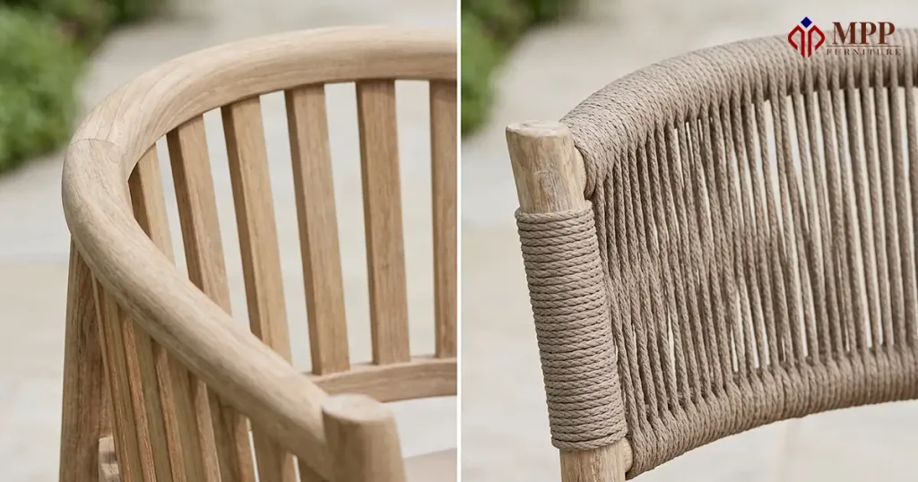 Concept close-ups of teak outdoor chairs showing shaped wooden slats and braided rope wrapped around a teak backrest frame