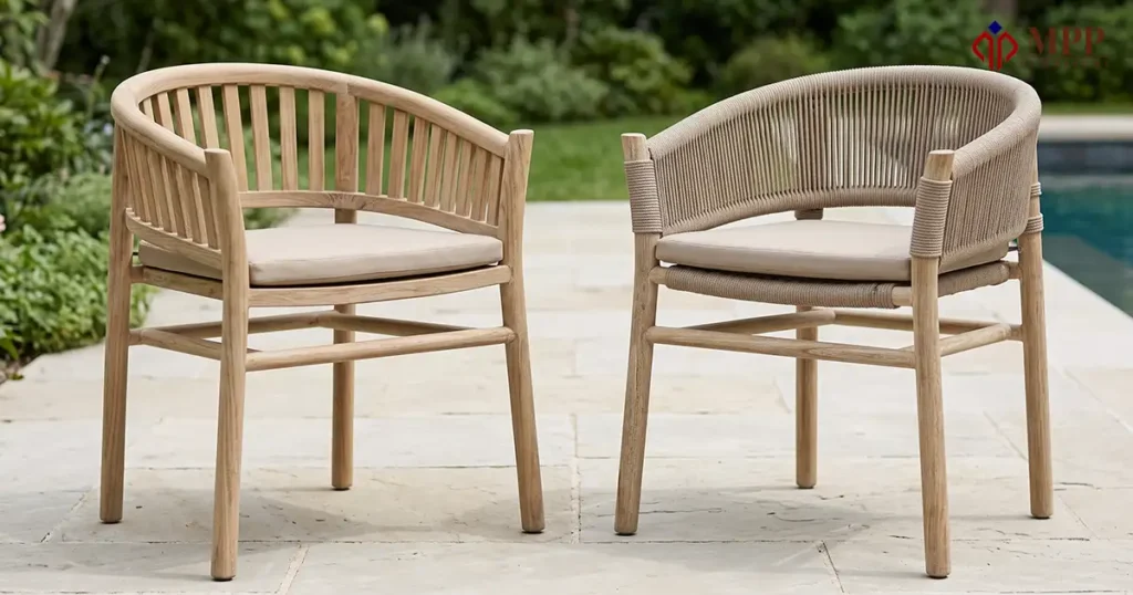Concept illustration of two teak patio chairs with a wooden slat backrest on the left and woven rope on the right.