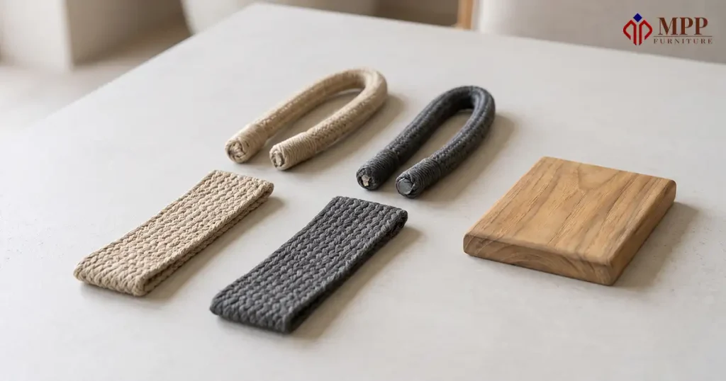 Round and flat rope samples in sand and charcoal beside a teak finish sample for teak rope outdoor furniture.